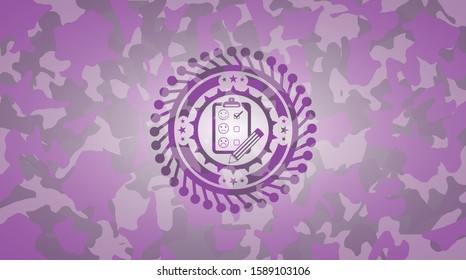 customer feedback icon inside pink camouflaged emblem