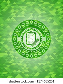customer feedback icon inside realistic green emblem. Mosaic background