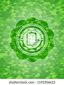 customer feedback icon inside realistic green emblem. Mosaic background