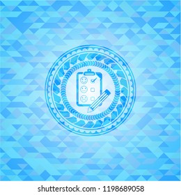 customer feedback icon inside realistic light blue mosaic emblem