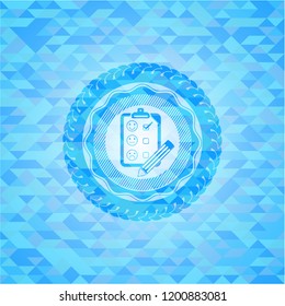 customer feedback icon inside realistic sky blue emblem. Mosaic background