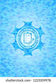 customer feedback icon inside realistic sky blue mosaic emblem