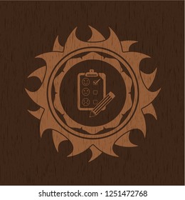 customer feedback icon inside realistic wooden emblem
