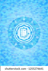 customer feedback icon inside realistic sky blue emblem. Mosaic background