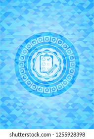 customer feedback icon inside realistic light blue emblem. Mosaic background