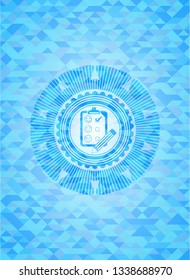 customer feedback icon inside realistic sky blue emblem. Mosaic background