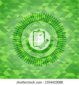 customer feedback icon inside realistic green emblem. Mosaic background