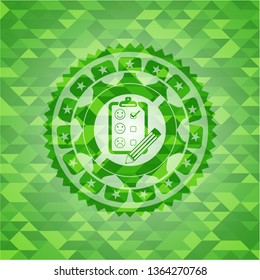 customer feedback icon inside realistic green mosaic emblem
