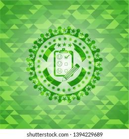 customer feedback icon inside realistic green mosaic emblem