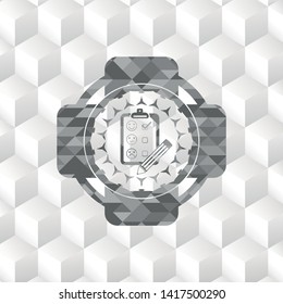 customer feedback icon inside realistic grey emblem with geometric cube white background