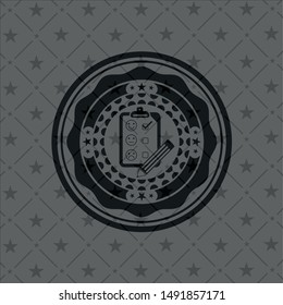 customer feedback icon inside realistic black emblem