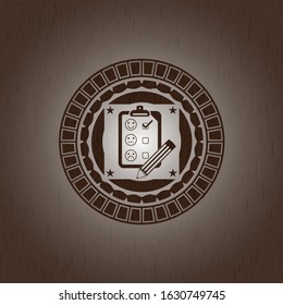 customer feedback icon inside realistic wooden emblem