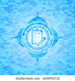 customer feedback icon inside realistic sky blue mosaic emblem