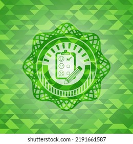 customer feedback icon inside realistic green emblem. Mosaic background. 