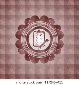 customer feedback icon inside red seamless emblem or badge with abstract geometric pattern background.