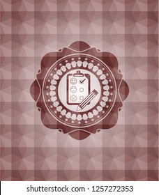 customer feedback icon inside red emblem or badge with abstract geometric pattern background. Seamless.