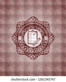 customer feedback icon inside red emblem with geometric background. Seamless.