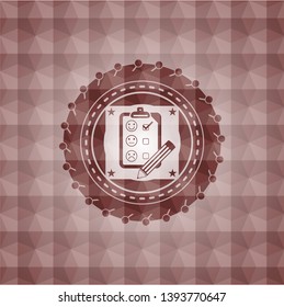 customer feedback icon inside red emblem or badge with abstract geometric polygonal pattern background. Seamless.