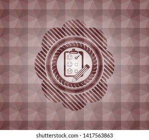 customer feedback icon inside red seamless geometric emblem.