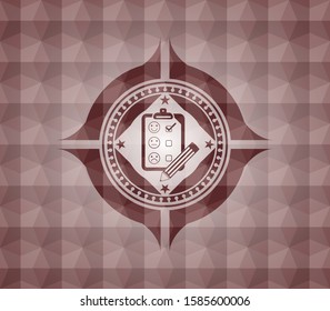 customer feedback icon inside red emblem with geometric pattern background. Seamless.