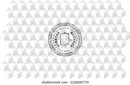 customer feedback icon inside retro style grey emblem with geometric cube white background