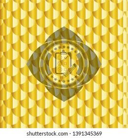 customer feedback icon inside shiny golden emblem. Scales pattern. Vector Illustration. Detailed.