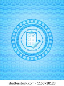 customer feedback icon inside sky blue water wave badge.