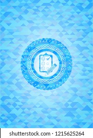 customer feedback icon inside sky blue emblem. Mosaic background