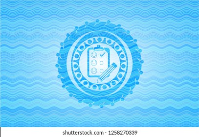 customer feedback icon inside sky blue water wave style emblem.
