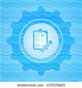 customer feedback icon inside sky blue water emblem background.