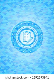 customer feedback icon inside sky blue emblem. Mosaic background