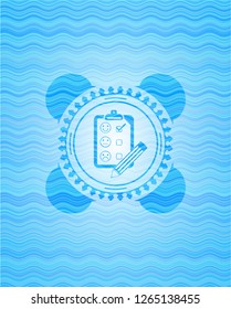 customer feedback icon inside water wave concept badge.