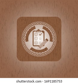 customer feedback icon inside wood emblem. Retro