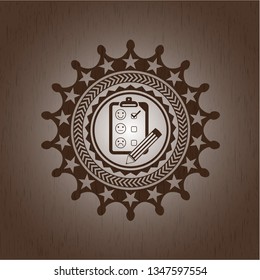 customer feedback icon inside wooden emblem. Vintage.