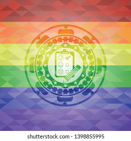 customer feedback icon on mosaic background with the colors of the LGBT flag
