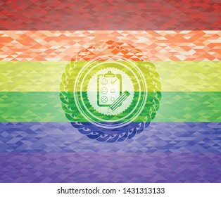 customer feedback icon on mosaic background with the colors of the LGBT flag