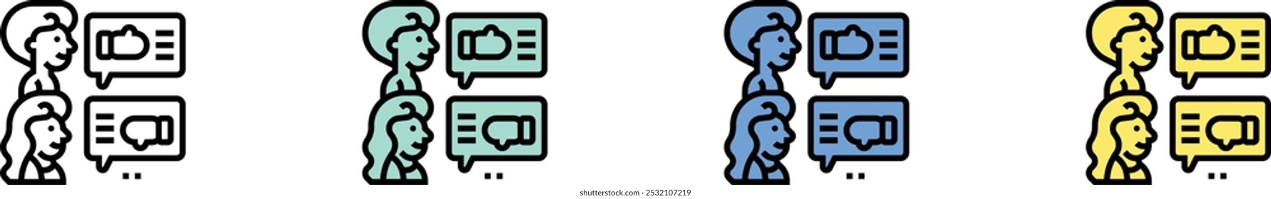 ícone de comentários do cliente. Contorno, Design de estilo verde, azul e amarelo isolado no plano de fundo branco