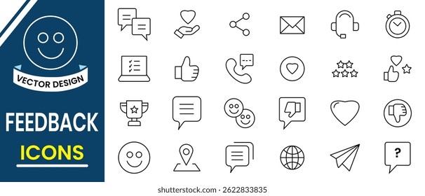 Customer Feedback icon, rating vector icon design. Set of feedback, review vector icons for web design. Emoticon, share, message, like, unlike, heart line icon vector illustration.