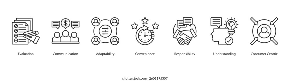 Customer Feedback icon sheet style line consumer centric, evaluation, communication, adaptability, convenienceresponsibility, understanding, consumer centric