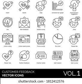 Customer feedback icons including hearts, help, bar graph, suggestion, info, mail, mobile survey, no, okay, online rating, testimonial, phone, pie chart, please like, rate, positive review, Q and A.