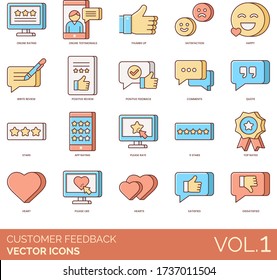 Iconos de retroalimentación de clientes que incluyen valoración en línea, testimonio, subida de pulgar, satisfacción, feliz, reseña de escritura, positivo, comentario, cita, aplicación, por favor, clasificación, 5 estrellas, mejor valorado, como, satisfecho, insatisfecho
