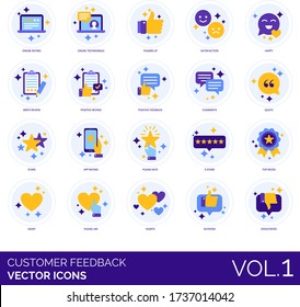 Customer feedback icons including online rating, testimonial, thumb up, happy, write review, positive, comment, quote, app, please rate, 5 stars, top rated, heart, like, satisfied, dissatisfied.