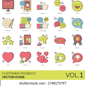 Iconos de retroalimentación de clientes que incluyen valoración en línea, testimonio, subida de pulgar, satisfacción, feliz, reseña de escritura, positivo, comentario, cita, aplicación, por favor, clasificación, 5 estrellas, mejor valorado, como, satisfecho, insatisfecho