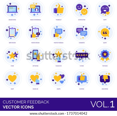 Customer feedback icons including online rating, testimonial, thumb up, happy, write review, positive, comment, quote, app, please rate, 5 stars, top rated, heart, like, satisfied, dissatisfied.