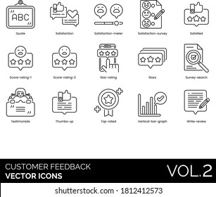 Iconos de comentarios de clientes que incluyen comillas, medidor de satisfacción, satisfacción, puntuación, clasificación de estrellas, búsqueda de encuestas, testimonios, aprobación, gráfico de barras verticales de mejor calificación, revisión de escritura.