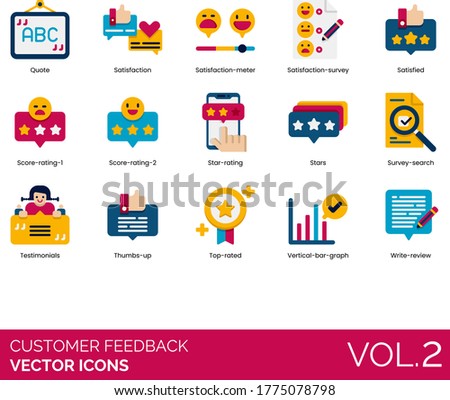 Customer feedback icons including quote, satisfaction meter, satisfied, score, star rating, survey search, testimonial, thumbs up, top-rated, vertical bar graph, write review.