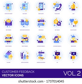 Customer feedback icons including satisfaction survey, QA, mobile, phone, okay, mail, improvement suggestion, testimonial, session, balloon hearts, group, family, error report, pie chart, vertical bar