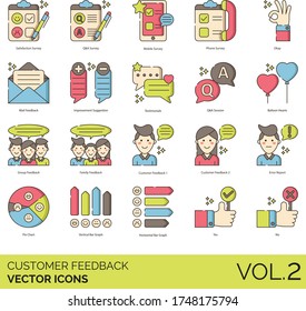 Customer feedback icons including satisfaction survey, QA, mobile, phone, improvement suggestion, testimonial, session, balloon hearts, group, family, error report, pie chart, vertical bar graph.