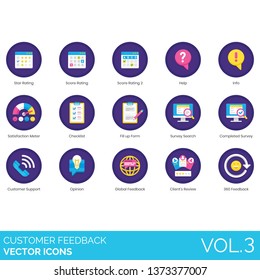 Customer Feedback Icons Including Star Rating, Score, Help, Info, Satisfaction Meter, Checklist, Fill Up Form, Survey Search, Completed, Support, Opinion, Global, Client Review, 360.