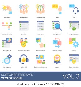 Customer Feedback Icons Including Star Rating, Score, Help, Info, Satisfaction Meter, Checklist, Fill Up Form, Search, Completed Survey, Result, Protection, Problem Solved, Bilingual Service, Loyalty.